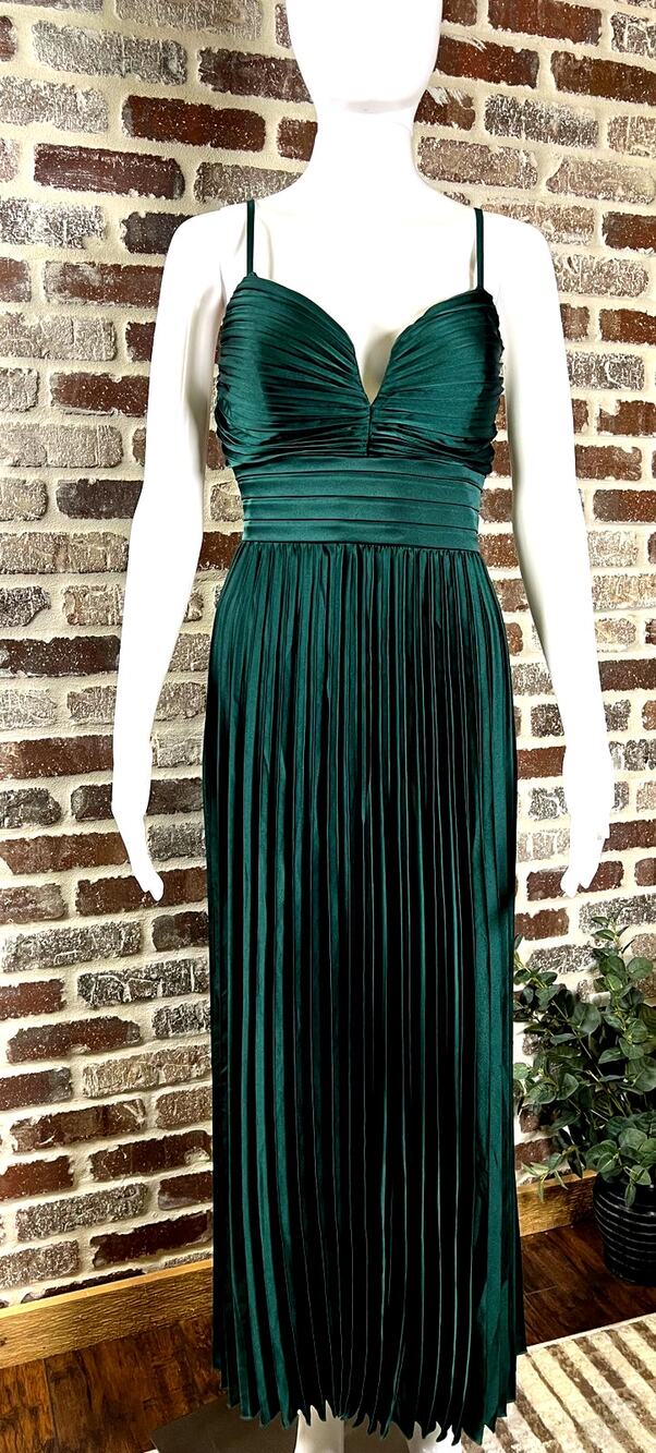 Lulus NWT Emerald Green Satin Accordion Pleated Back Zipper Midi Dress Women's L